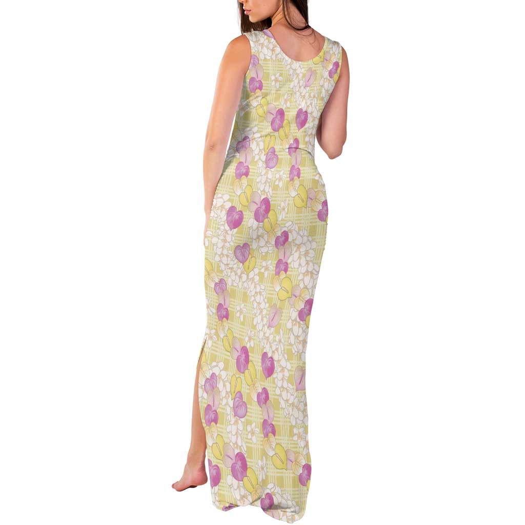Anthurium Plumeria Lei Pastel Tank Maxi Dress Yellow Hawaiian Splendid Palaka
