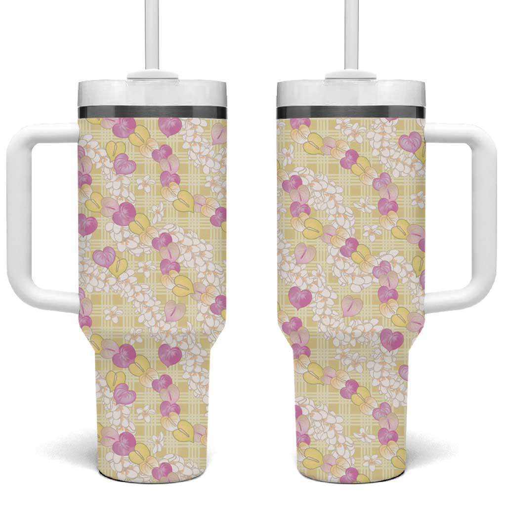 Anthurium Plumeria Lei Pastel Tumbler With Handle Yellow Hawaiian Splendid Palaka