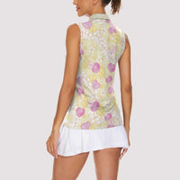 Anthurium Plumeria Lei Pastel Women Sleeveless Polo Shirt Yellow Hawaiian Splendid Palaka LT01 - Polynesian Pride