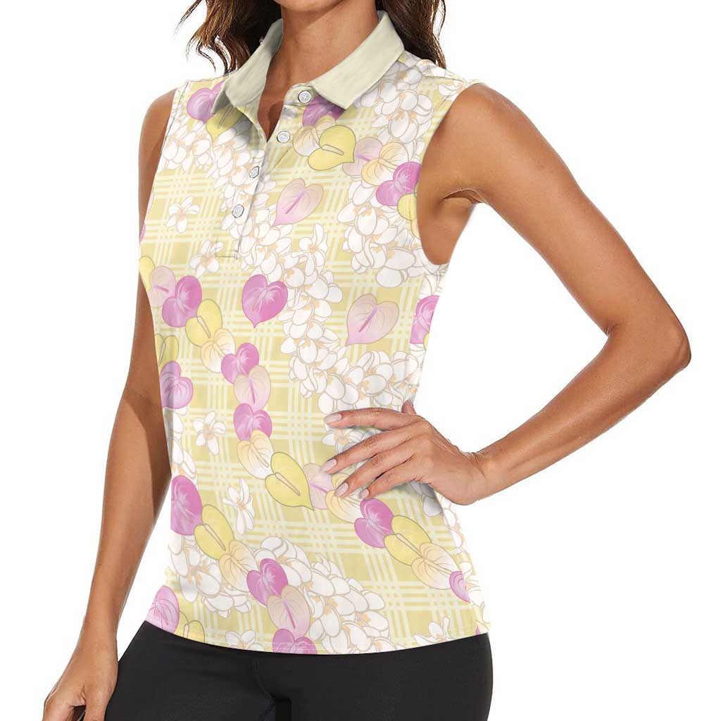 Anthurium Plumeria Lei Pastel Women Sleeveless Polo Shirt Yellow Hawaiian Splendid Palaka LT01 - Polynesian Pride