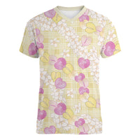 Anthurium Plumeria Lei Pastel Women V-Neck T-Shirt Yellow Hawaiian Splendid Palaka LT01 Female Yellow - Polynesian Pride