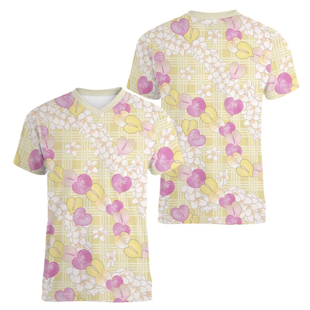 Anthurium Plumeria Lei Pastel Women V-Neck T-Shirt Yellow Hawaiian Splendid Palaka LT01 - Polynesian Pride
