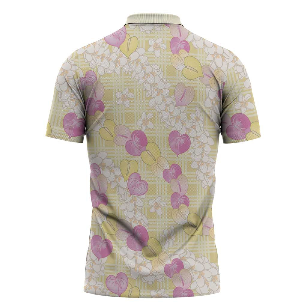 Anthurium Plumeria Lei Pastel Zipper Polo Shirt Yellow Hawaiian Splendid Palaka LT01 - Polynesian Pride