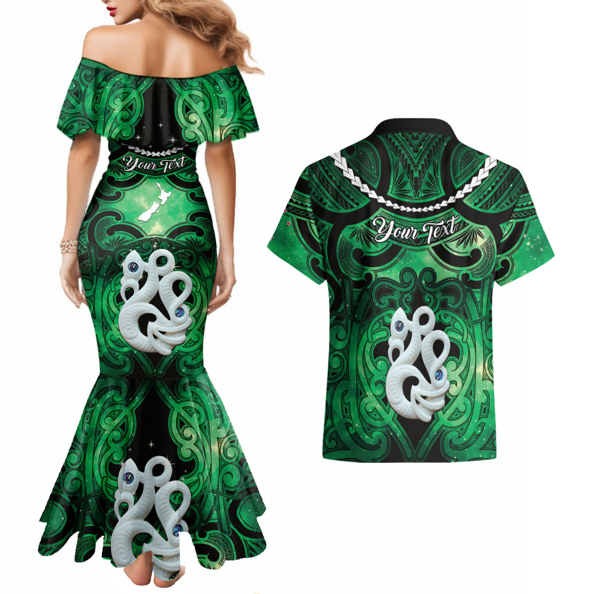 Personalised Maori Matariki Manaia Kakariki Couples Matching Mermaid Dress and Hawaiian Shirt Maori Kowhaiwhai Pattern Galaxy LT01 - Polynesian Pride