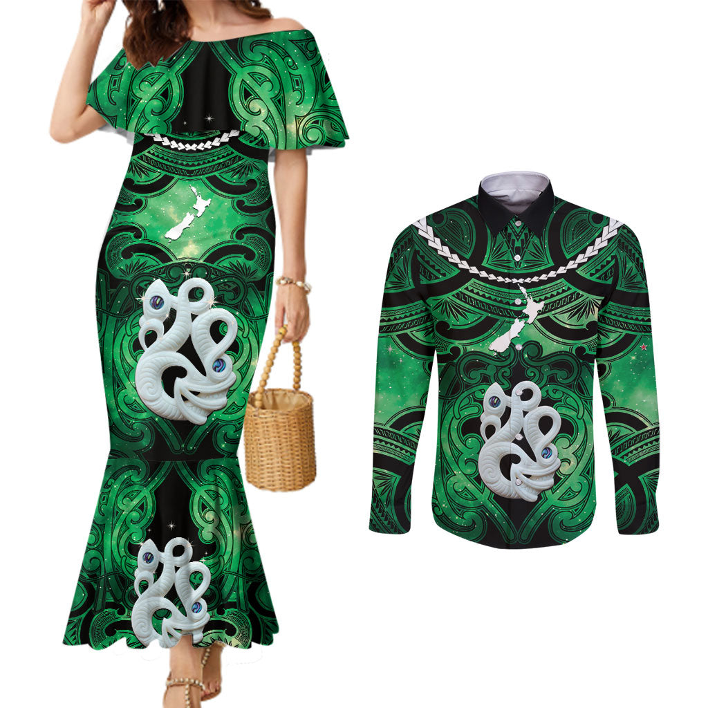 Personalised Maori Matariki Manaia Kakariki Couples Matching Mermaid Dress and Long Sleeve Button Shirt Maori Kowhaiwhai Pattern Galaxy LT01 Green - Polynesian Pride