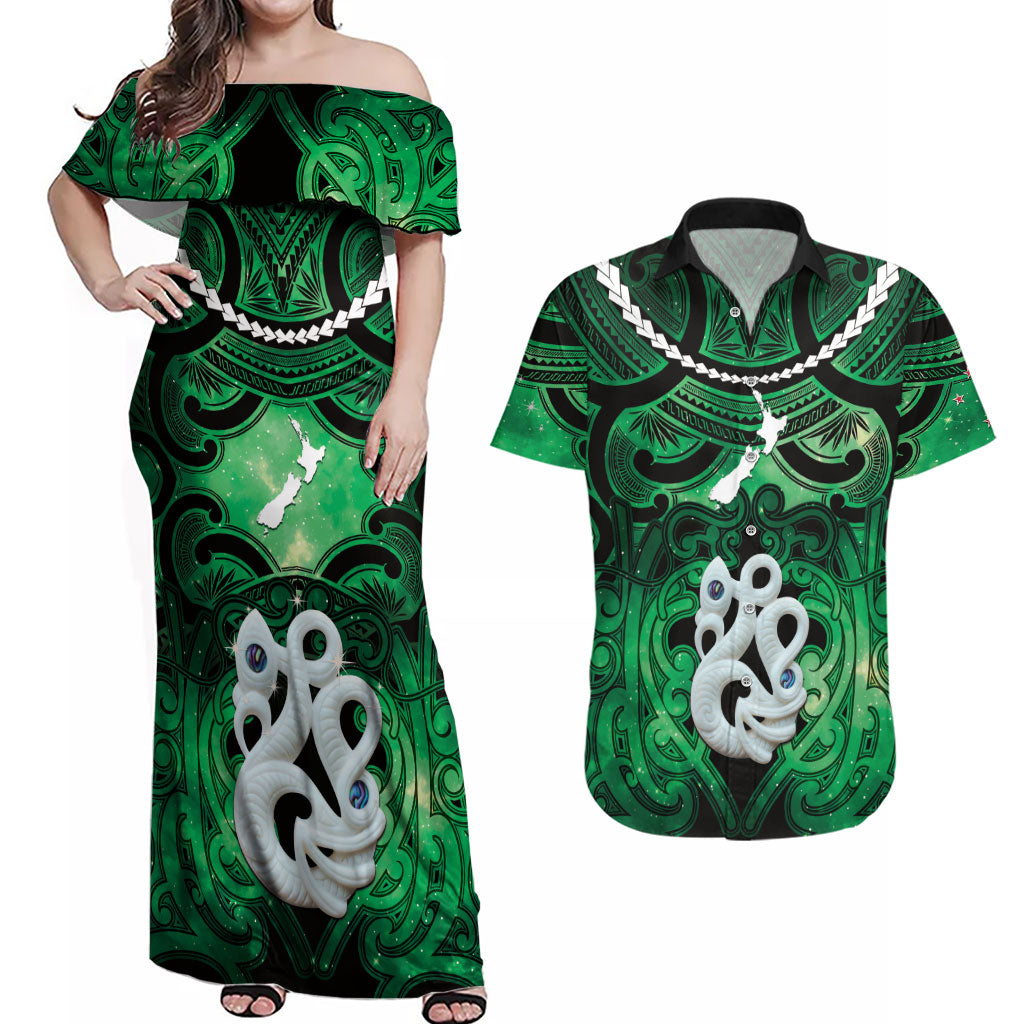 Personalised Maori Matariki Manaia Kakariki Couples Matching Off Shoulder Maxi Dress and Hawaiian Shirt Maori Kowhaiwhai Pattern Galaxy LT01 Green - Polynesian Pride