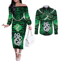 Personalised Maori Matariki Manaia Kakariki Couples Matching Off The Shoulder Long Sleeve Dress and Long Sleeve Button Shirt Maori Kowhaiwhai Pattern Galaxy LT01 Green - Polynesian Pride