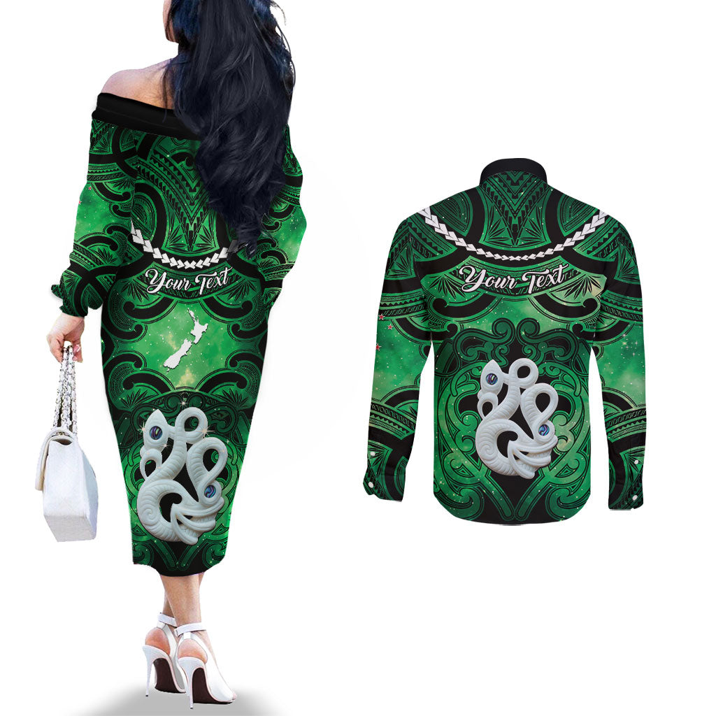 Personalised Maori Matariki Manaia Kakariki Couples Matching Off The Shoulder Long Sleeve Dress and Long Sleeve Button Shirt Maori Kowhaiwhai Pattern Galaxy LT01 - Polynesian Pride