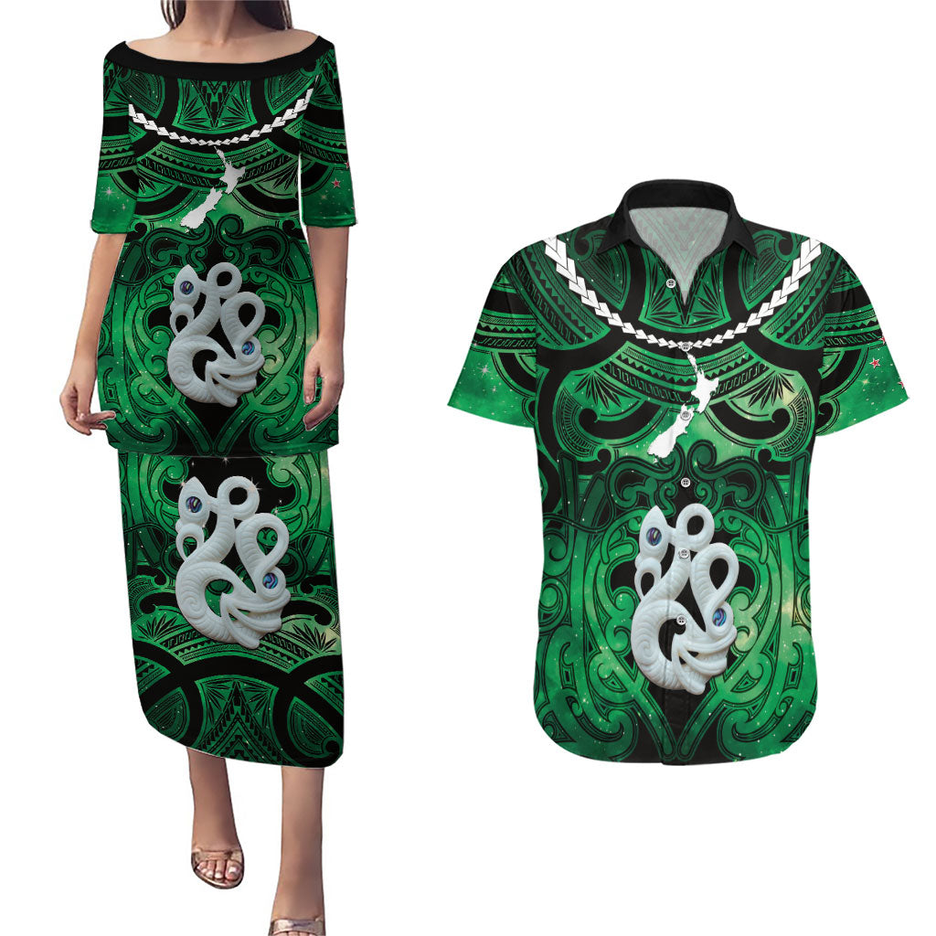 Personalised Maori Matariki Manaia Kakariki Couples Matching Puletasi and Hawaiian Shirt Maori Kowhaiwhai Pattern Galaxy