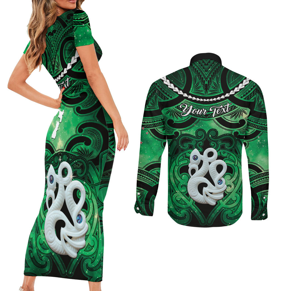 Personalised Maori Matariki Manaia Kakariki Couples Matching Short Sleeve Bodycon Dress and Long Sleeve Button Shirt Maori Kowhaiwhai Pattern Galaxy LT01 - Polynesian Pride
