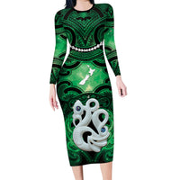 Personalised Maori Matariki Manaia Kakariki Family Matching Long Sleeve Bodycon Dress and Hawaiian Shirt Maori Kowhaiwhai Pattern Galaxy LT01 Mom's Dress Green - Polynesian Pride