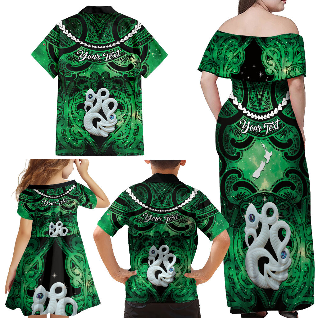 Personalised Maori Matariki Manaia Kakariki Family Matching Off Shoulder Maxi Dress and Hawaiian Shirt Maori Kowhaiwhai Pattern Galaxy