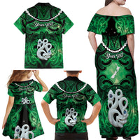 Personalised Maori Matariki Manaia Kakariki Family Matching Off Shoulder Maxi Dress and Hawaiian Shirt Maori Kowhaiwhai Pattern Galaxy
