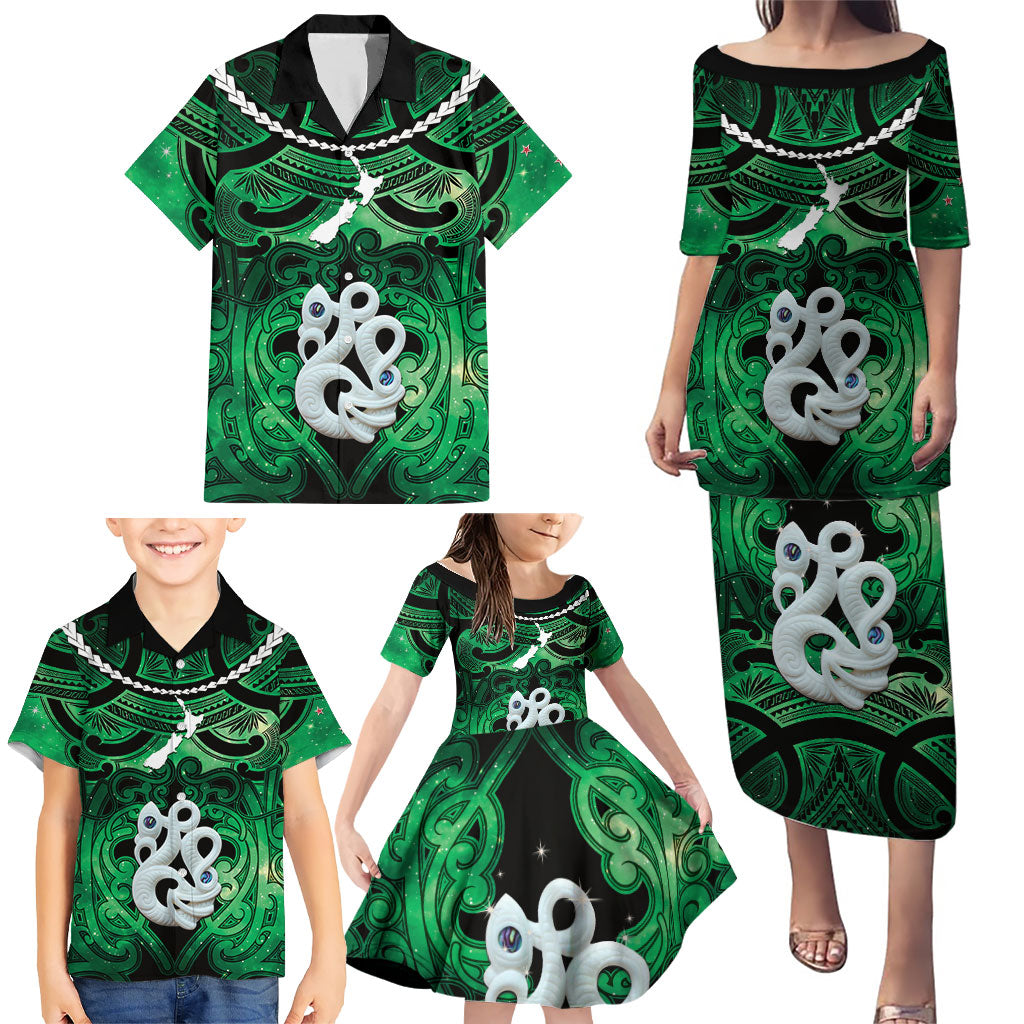 Personalised Maori Matariki Manaia Kakariki Family Matching Puletasi and Hawaiian Shirt Maori Kowhaiwhai Pattern Galaxy