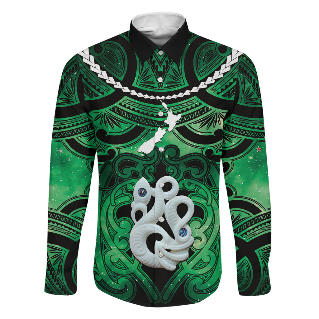 Personalised Maori Matariki Manaia Kakariki Family Matching Short Sleeve Bodycon Dress and Hawaiian Shirt Maori Kowhaiwhai Pattern Galaxy LT01 Dad's Shirt - Long Sleeve Green - Polynesian Pride