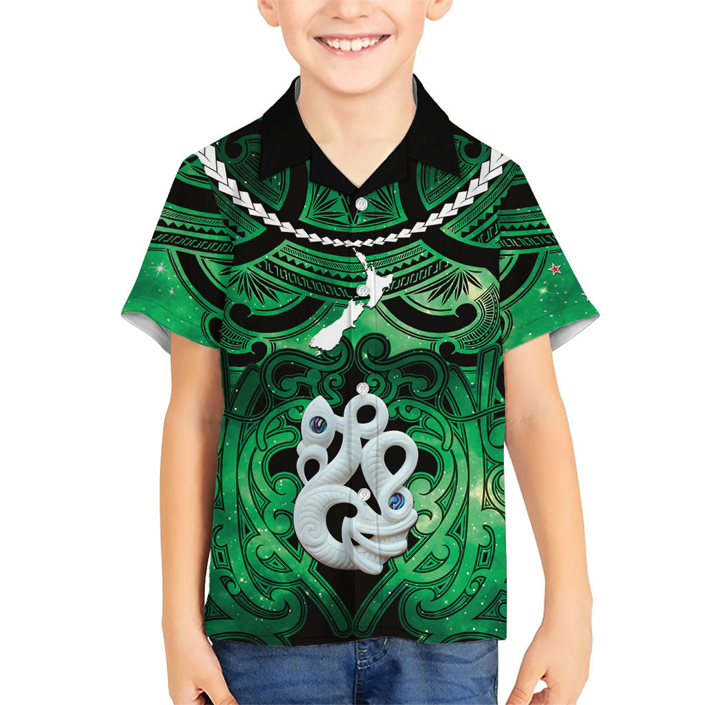 Personalised Maori Matariki Manaia Kakariki Family Matching Short Sleeve Bodycon Dress and Hawaiian Shirt Maori Kowhaiwhai Pattern Galaxy LT01 Son's Shirt Green - Polynesian Pride