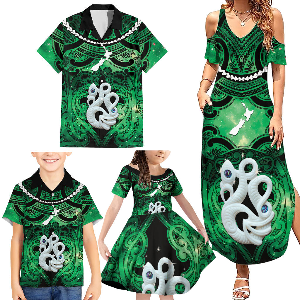 Personalised Maori Matariki Manaia Kakariki Family Matching Summer Maxi Dress and Hawaiian Shirt Maori Kowhaiwhai Pattern Galaxy