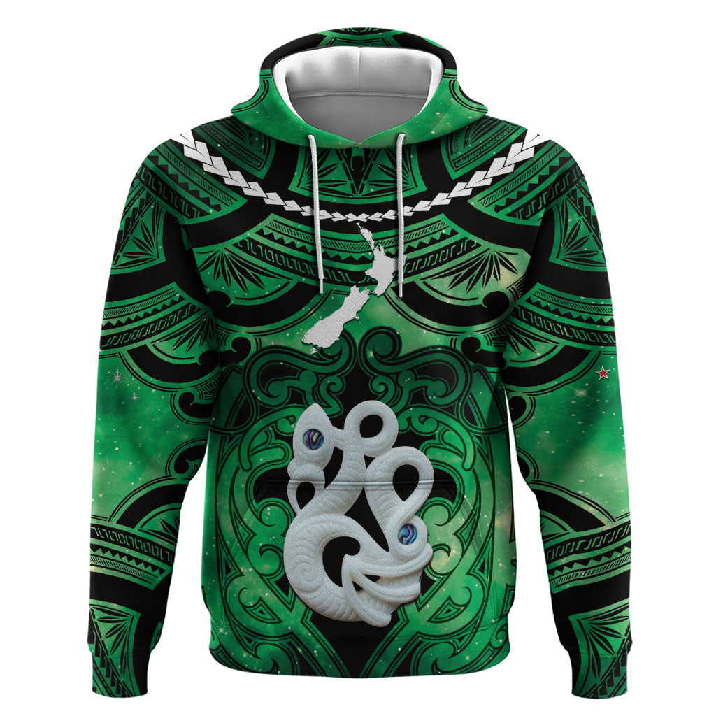 Personalised Maori Matariki Manaia Kakariki Hoodie Maori Kowhaiwhai Pattern Galaxy LT01 Pullover Hoodie Green - Polynesian Pride