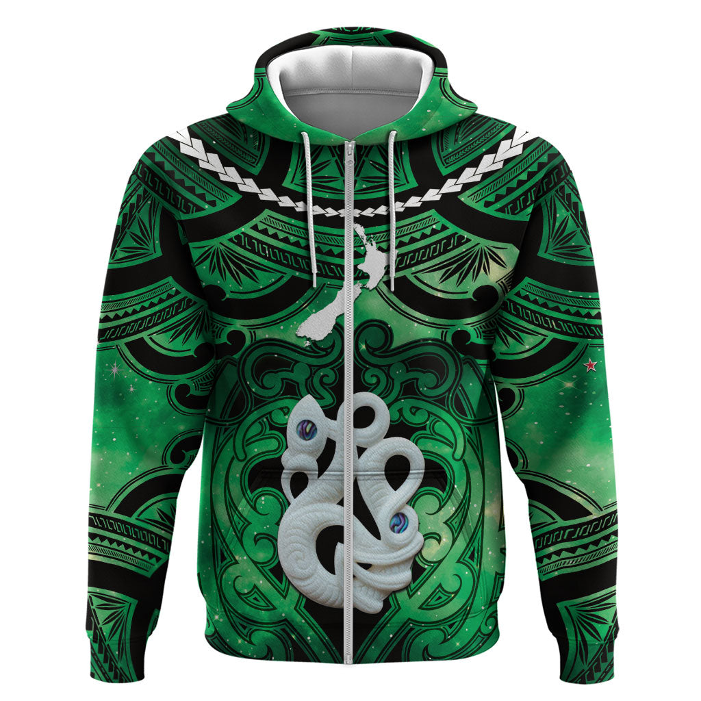 Personalised Maori Matariki Manaia Kakariki Hoodie Maori Kowhaiwhai Pattern Galaxy LT01 Zip Hoodie Green - Polynesian Pride