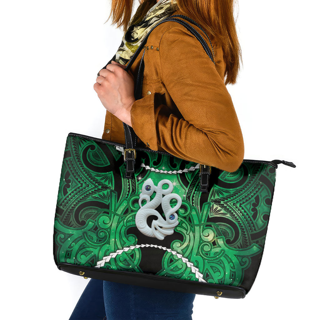Maori Matariki Manaia Kakariki Leather Tote Bag Maori Kowhaiwhai Pattern Galaxy LT01 Green - Polynesian Pride