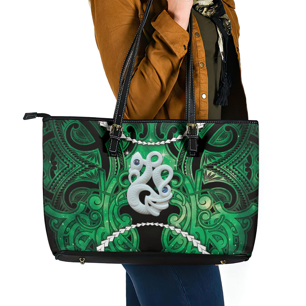 Maori Matariki Manaia Kakariki Leather Tote Bag Maori Kowhaiwhai Pattern Galaxy LT01 - Polynesian Pride