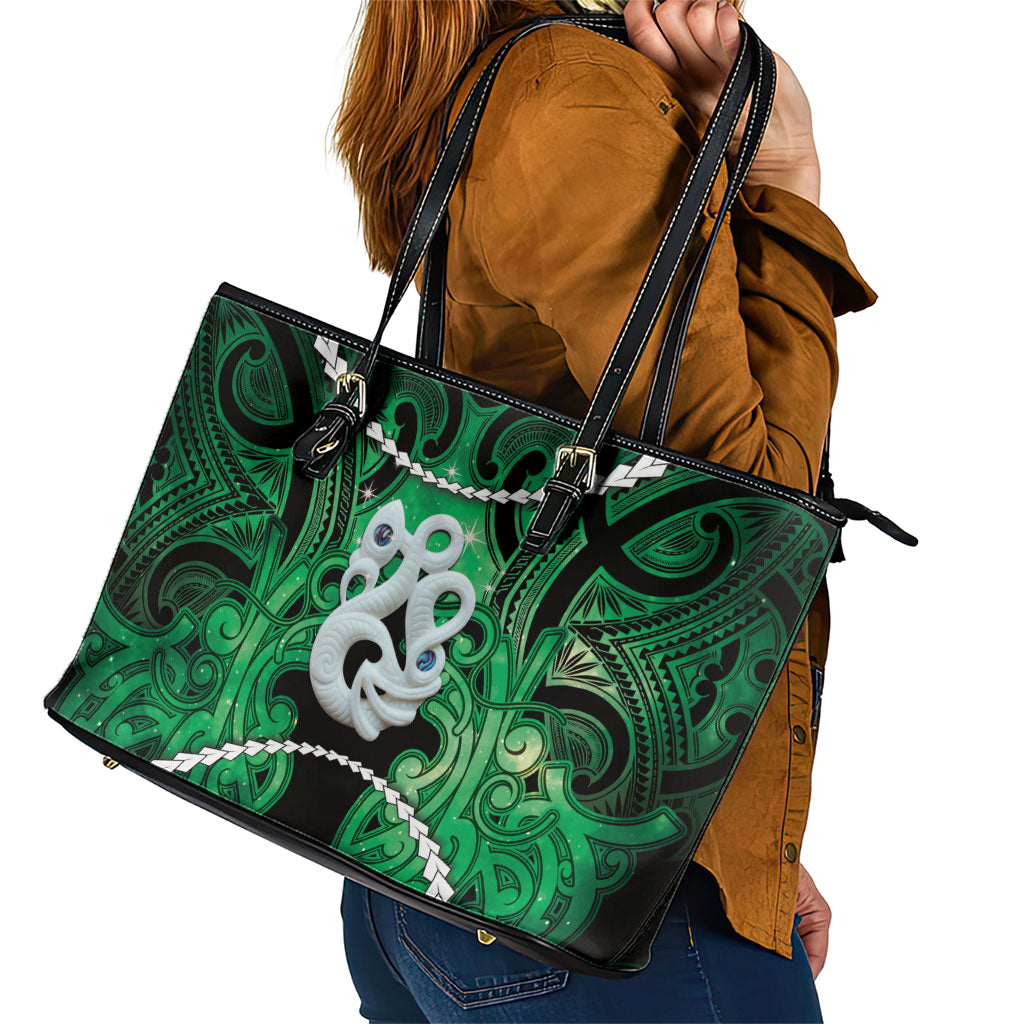Maori Matariki Manaia Kakariki Leather Tote Bag Maori Kowhaiwhai Pattern Galaxy LT01 - Polynesian Pride