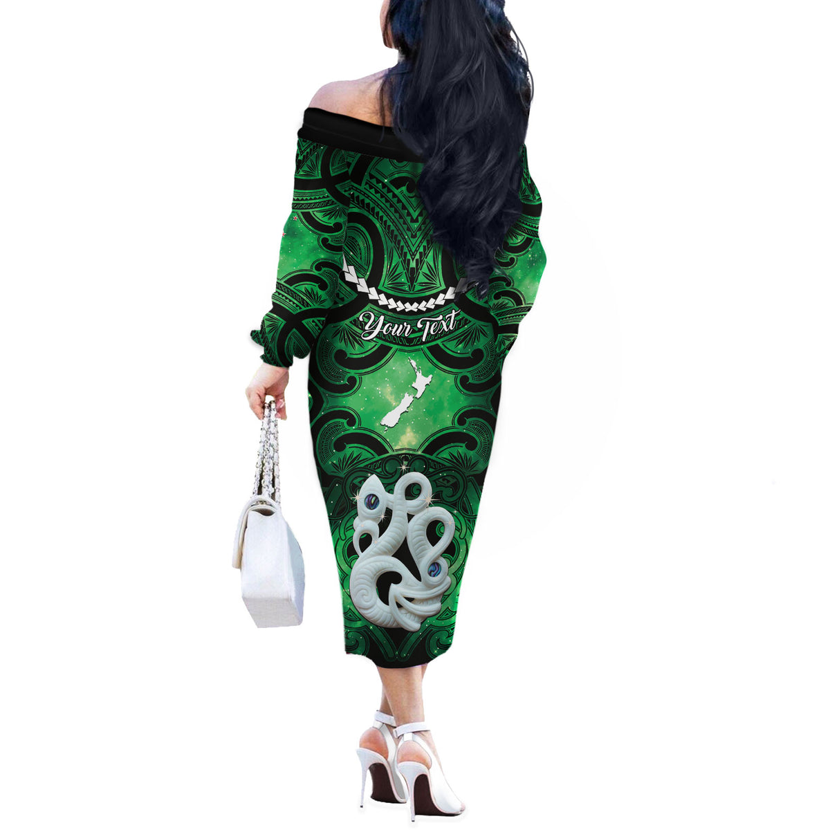 Personalised Maori Matariki Manaia Kakariki Off The Shoulder Long Sleeve Dress Maori Kowhaiwhai Pattern Galaxy LT01 - Polynesian Pride