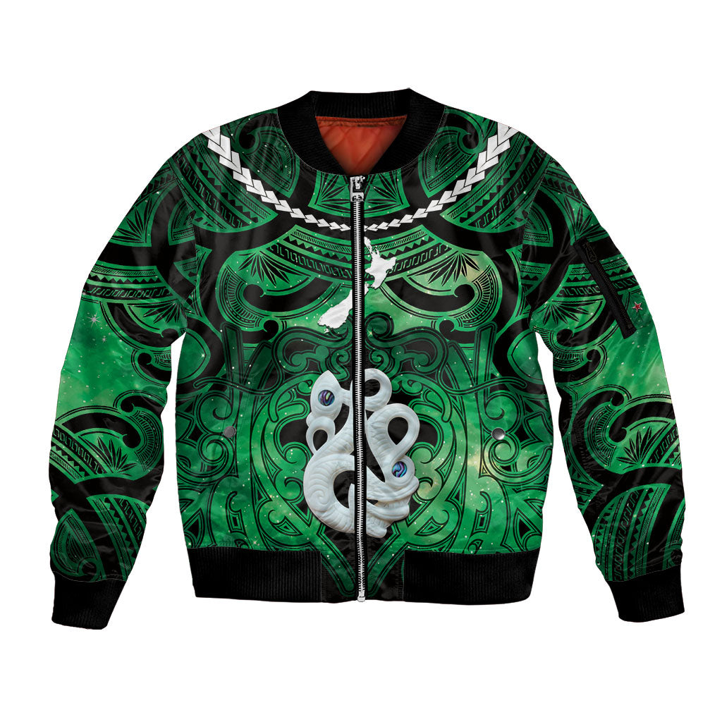 Personalised Maori Matariki Manaia Kakariki Sleeve Zip Bomber Jacket Maori Kowhaiwhai Pattern Galaxy LT01 Unisex Green - Polynesian Pride