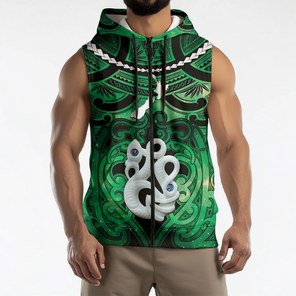 Personalised Maori Matariki Manaia Kakariki Sleeveless Zip Hoodie Maori Kowhaiwhai Pattern Galaxy