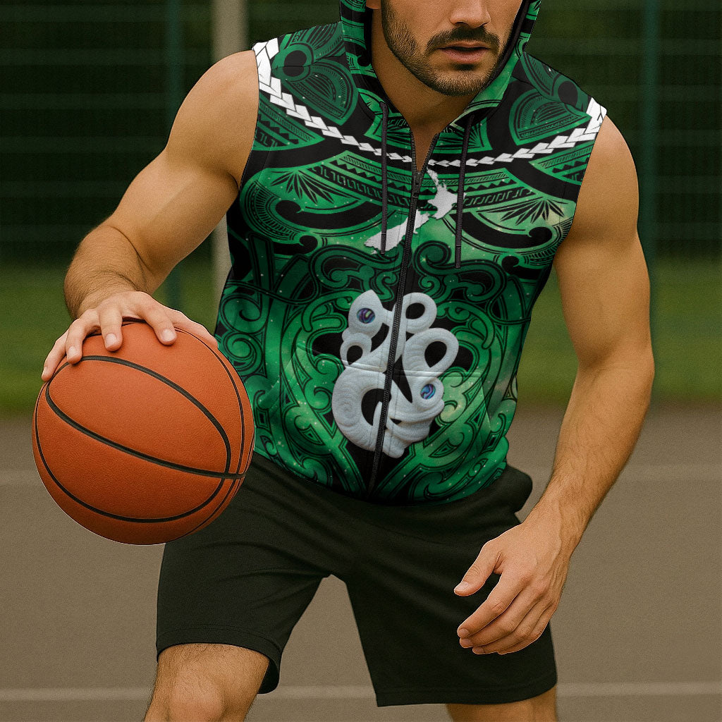 Personalised Maori Matariki Manaia Kakariki Sleeveless Zip Hoodie Maori Kowhaiwhai Pattern Galaxy