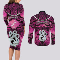Personalised Maori Matariki Manaia Mawhero Couples Matching Long Sleeve Bodycon Dress and Long Sleeve Button Shirt Maori Kowhaiwhai Pattern Galaxy LT01 - Polynesian Pride