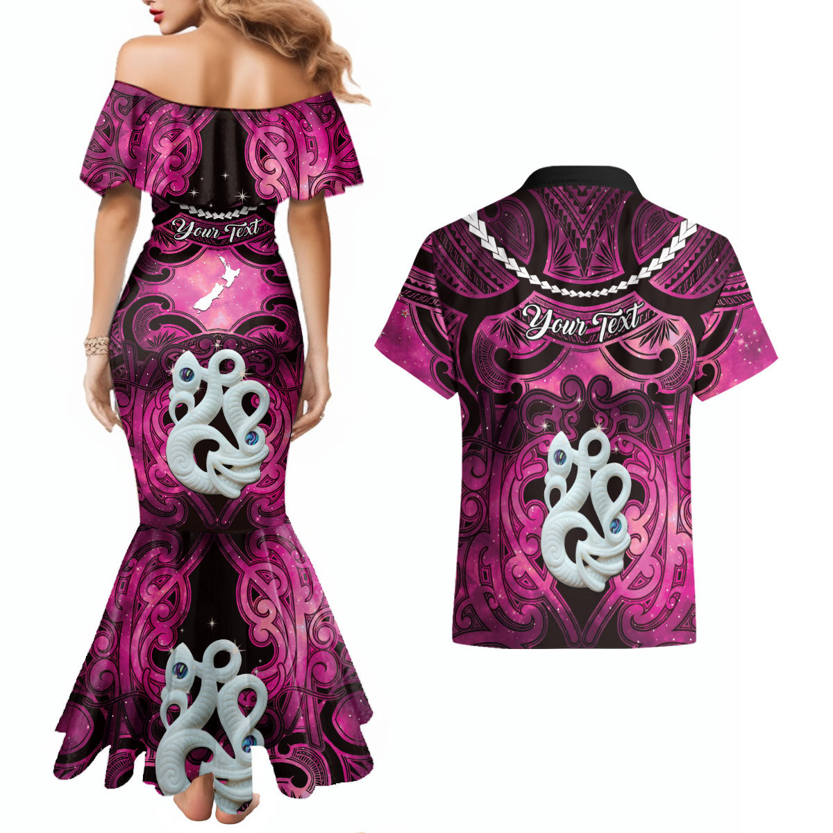 Personalised Maori Matariki Manaia Mawhero Couples Matching Mermaid Dress and Hawaiian Shirt Maori Kowhaiwhai Pattern Galaxy