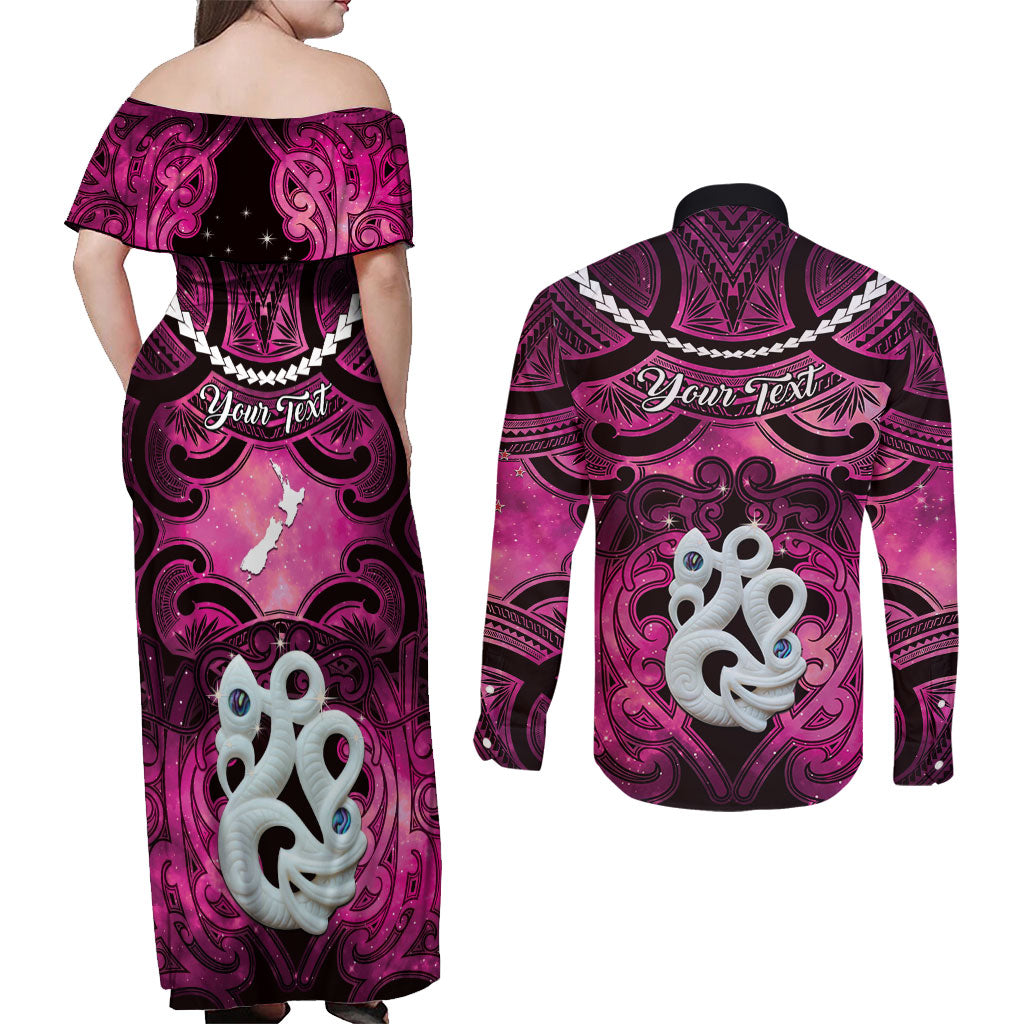 Personalised Maori Matariki Manaia Mawhero Couples Matching Off Shoulder Maxi Dress and Long Sleeve Button Shirt Maori Kowhaiwhai Pattern Galaxy LT01 - Polynesian Pride