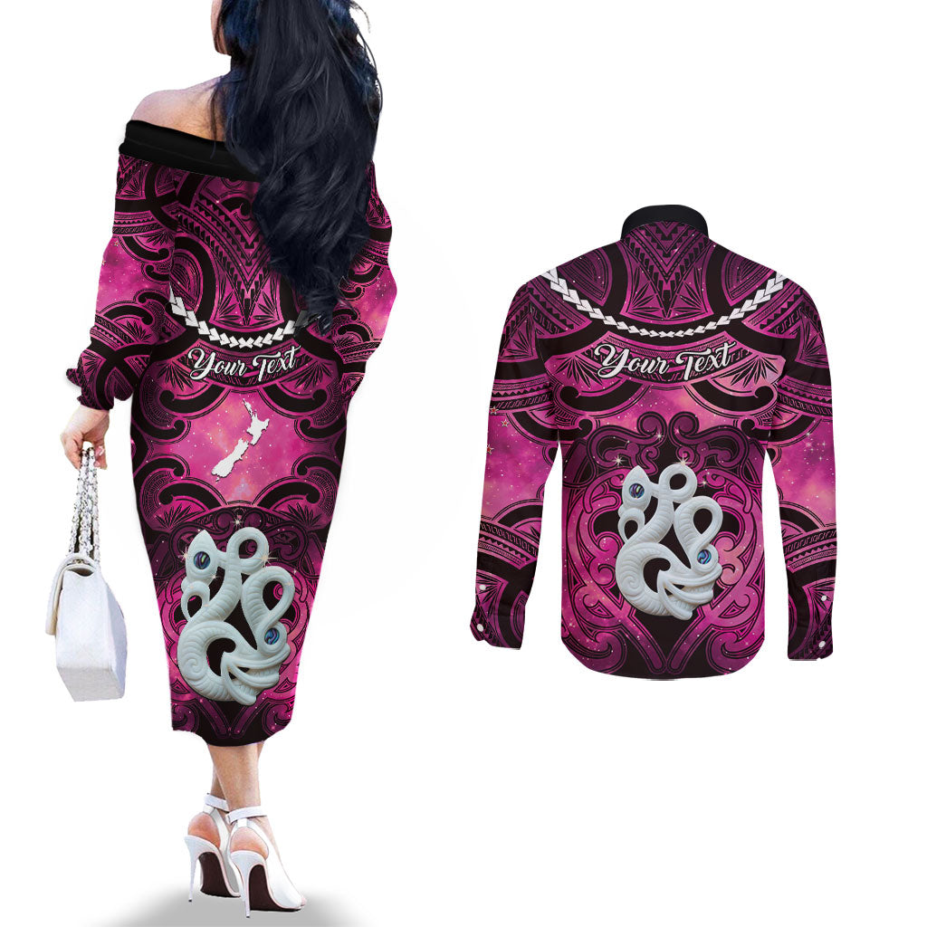Personalised Maori Matariki Manaia Mawhero Couples Matching Off The Shoulder Long Sleeve Dress and Long Sleeve Button Shirt Maori Kowhaiwhai Pattern Galaxy LT01 - Polynesian Pride