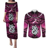Personalised Maori Matariki Manaia Mawhero Couples Matching Puletasi and Long Sleeve Button Shirt Maori Kowhaiwhai Pattern Galaxy LT01 Pink - Polynesian Pride