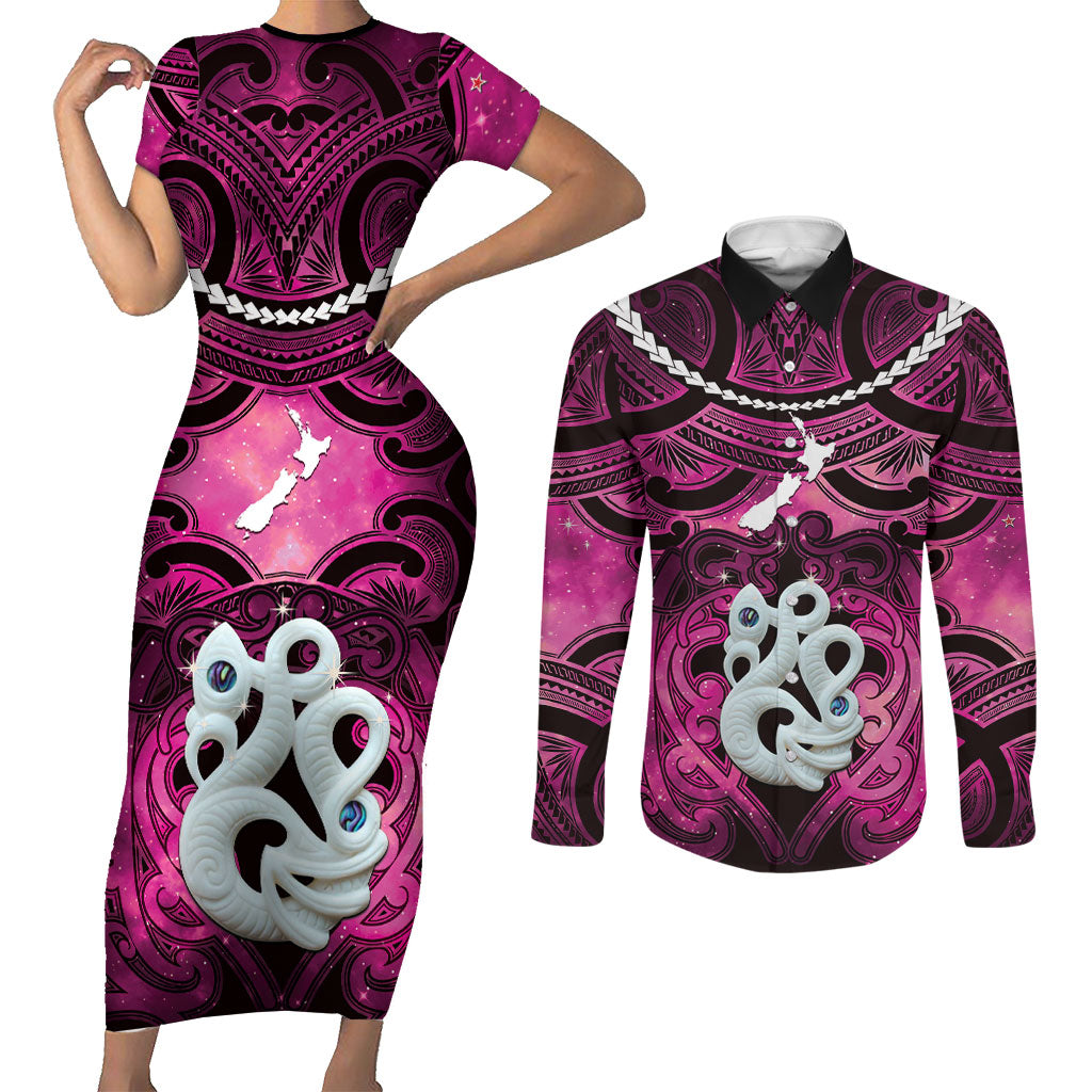 Personalised Maori Matariki Manaia Mawhero Couples Matching Short Sleeve Bodycon Dress and Long Sleeve Button Shirt Maori Kowhaiwhai Pattern Galaxy