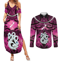 Personalised Maori Matariki Manaia Mawhero Couples Matching Summer Maxi Dress and Long Sleeve Button Shirt Maori Kowhaiwhai Pattern Galaxy LT01 Pink - Polynesian Pride