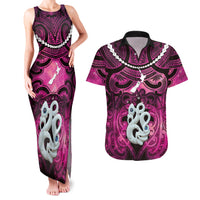 Personalised Maori Matariki Manaia Mawhero Couples Matching Tank Maxi Dress and Hawaiian Shirt Maori Kowhaiwhai Pattern Galaxy LT01 Pink - Polynesian Pride
