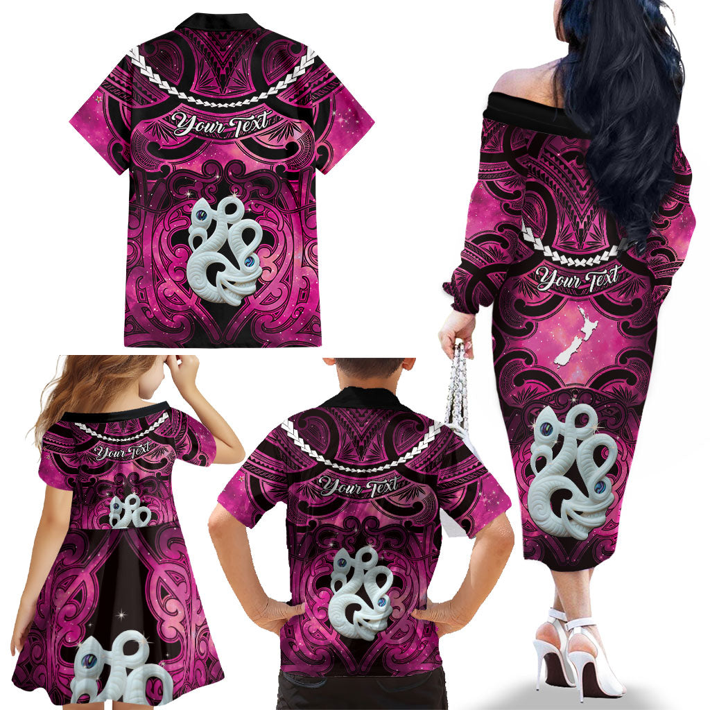 Personalised Maori Matariki Manaia Mawhero Family Matching Off The Shoulder Long Sleeve Dress and Hawaiian Shirt Maori Kowhaiwhai Pattern Galaxy LT01 - Polynesian Pride