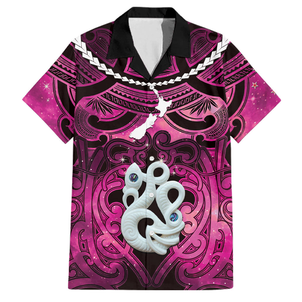 Personalised Maori Matariki Manaia Mawhero Family Matching Off The Shoulder Long Sleeve Dress and Hawaiian Shirt Maori Kowhaiwhai Pattern Galaxy LT01 Dad's Shirt - Short Sleeve Pink - Polynesian Pride