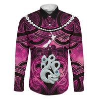 Personalised Maori Matariki Manaia Mawhero Family Matching Off The Shoulder Long Sleeve Dress and Hawaiian Shirt Maori Kowhaiwhai Pattern Galaxy LT01 Dad's Shirt - Long Sleeve Pink - Polynesian Pride