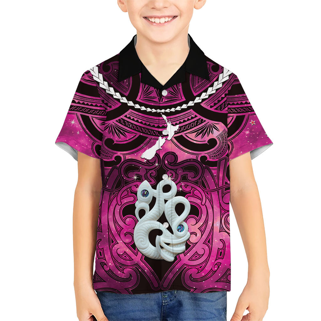 Personalised Maori Matariki Manaia Mawhero Family Matching Summer Maxi Dress and Hawaiian Shirt Maori Kowhaiwhai Pattern Galaxy LT01 Son's Shirt Pink - Polynesian Pride