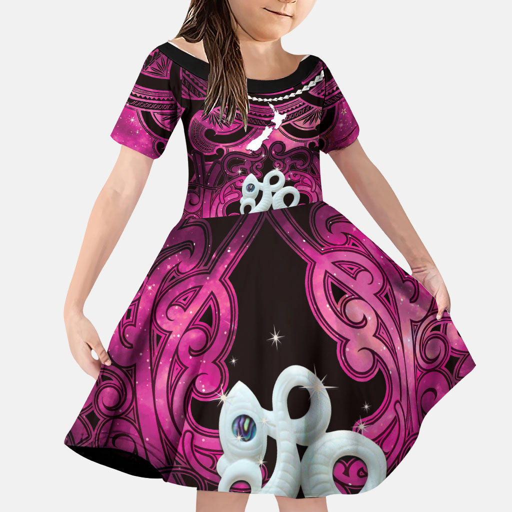 Personalised Maori Matariki Manaia Mawhero Family Matching Tank Maxi Dress and Hawaiian Shirt Maori Kowhaiwhai Pattern Galaxy LT01 Daughter's Dress Pink - Polynesian Pride