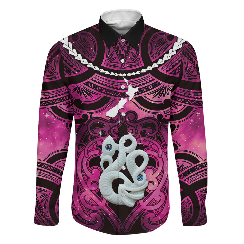Personalised Maori Matariki Manaia Mawhero Family Matching Tank Maxi Dress and Hawaiian Shirt Maori Kowhaiwhai Pattern Galaxy LT01 Dad's Shirt - Long Sleeve Pink - Polynesian Pride