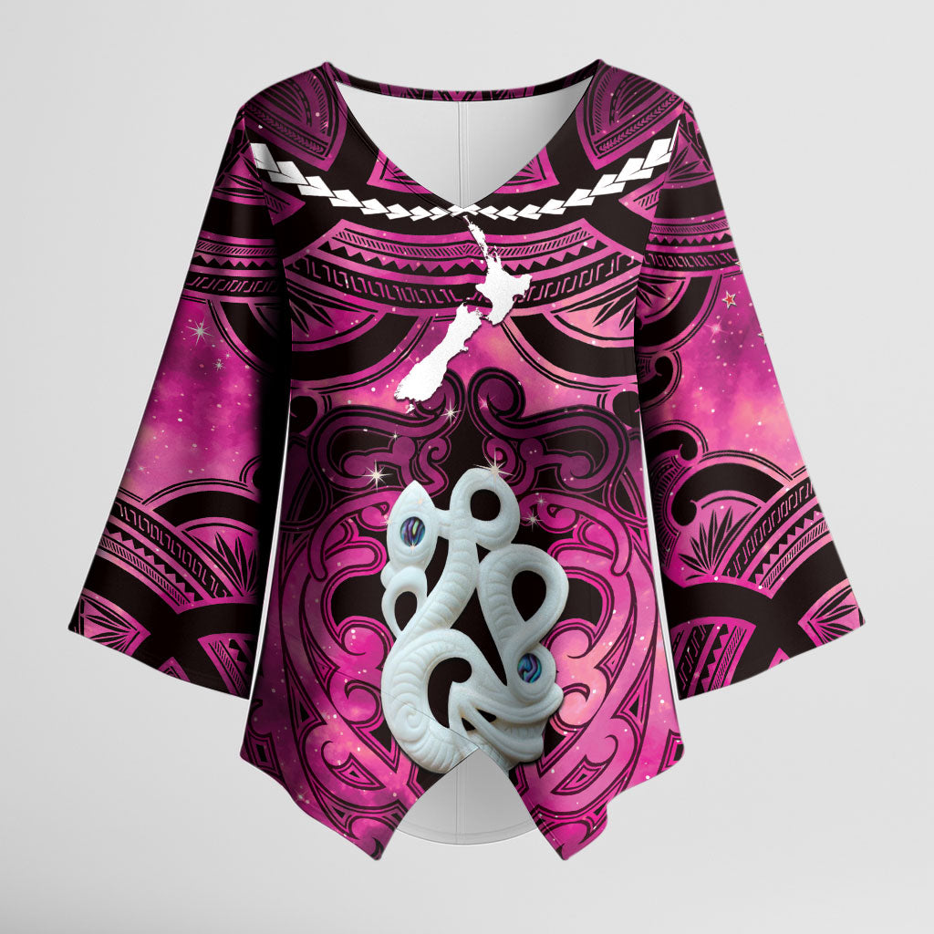 Personalised Maori Matariki Manaia Mawhero Kimono Sleeve Blouse Maori Kowhaiwhai Pattern Galaxy LT01 Female Pink - Polynesian Pride