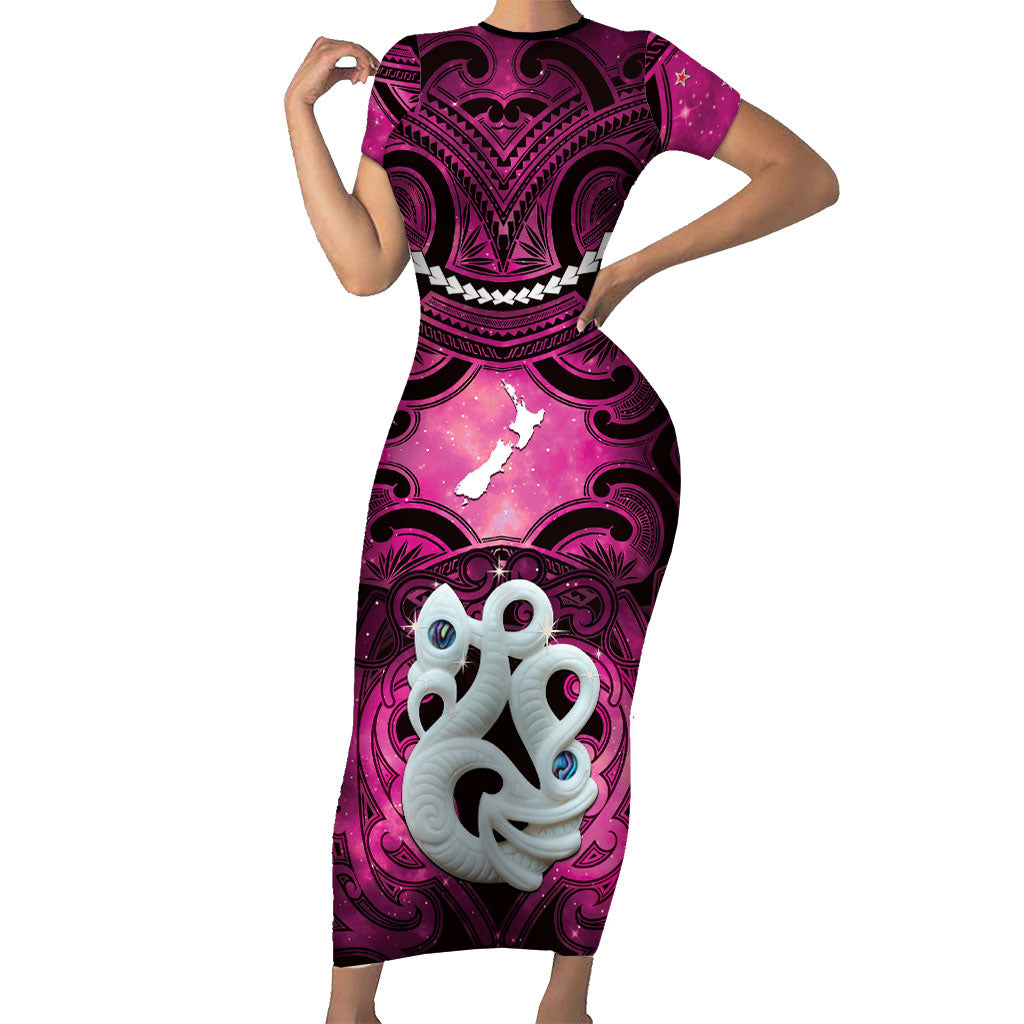 Personalised Maori Matariki Manaia Mawhero Short Sleeve Bodycon Dress Maori Kowhaiwhai Pattern Galaxy LT01 Long Dress Pink - Polynesian Pride