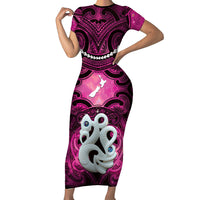 Personalised Maori Matariki Manaia Mawhero Short Sleeve Bodycon Dress Maori Kowhaiwhai Pattern Galaxy LT01 Long Dress Pink - Polynesian Pride