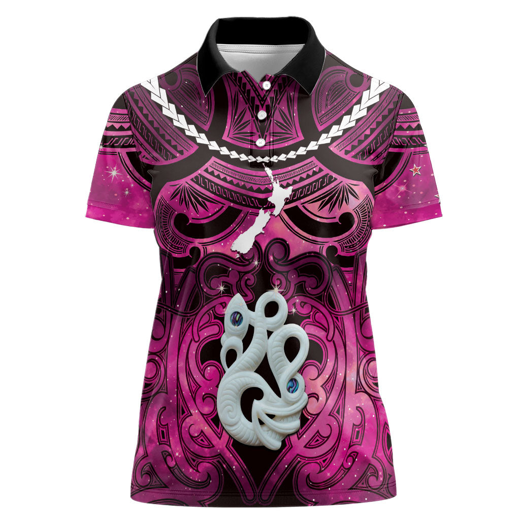 Personalised Maori Matariki Manaia Mawhero Women Polo Shirt Maori Kowhaiwhai Pattern Galaxy LT01 Female Pink - Polynesian Pride