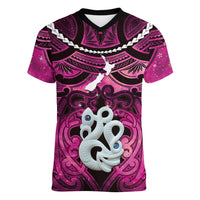 Personalised Maori Matariki Manaia Mawhero Women V-Neck T-Shirt Maori Kowhaiwhai Pattern Galaxy LT01 Female Pink - Polynesian Pride