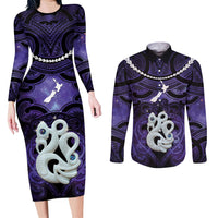 Personalised Maori Matariki Manaia Waiporoporo Couples Matching Long Sleeve Bodycon Dress and Long Sleeve Button Shirt Maori Kowhaiwhai Pattern Galaxy LT01 Purple - Polynesian Pride